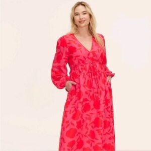 Kate Spade NEW Vibrant Red V-Neck Floral Long Sleeve Dress, Women’s Sz 3X